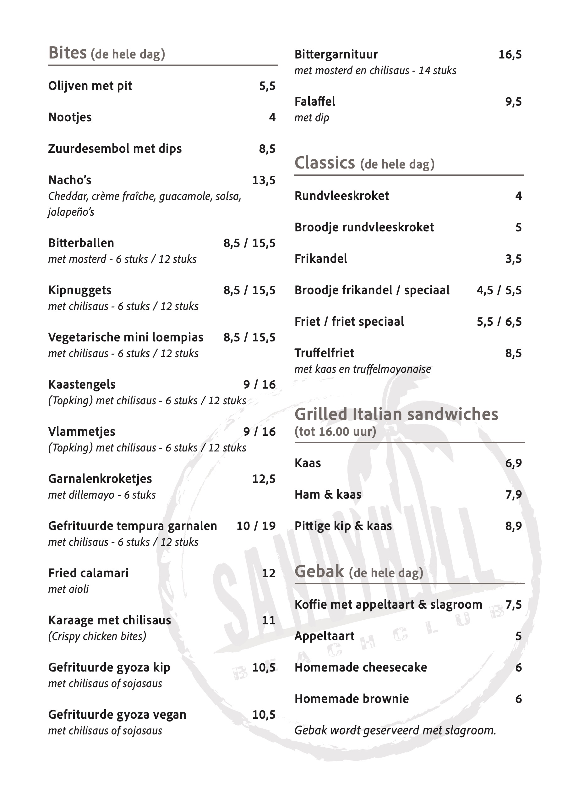 Bites menukaart